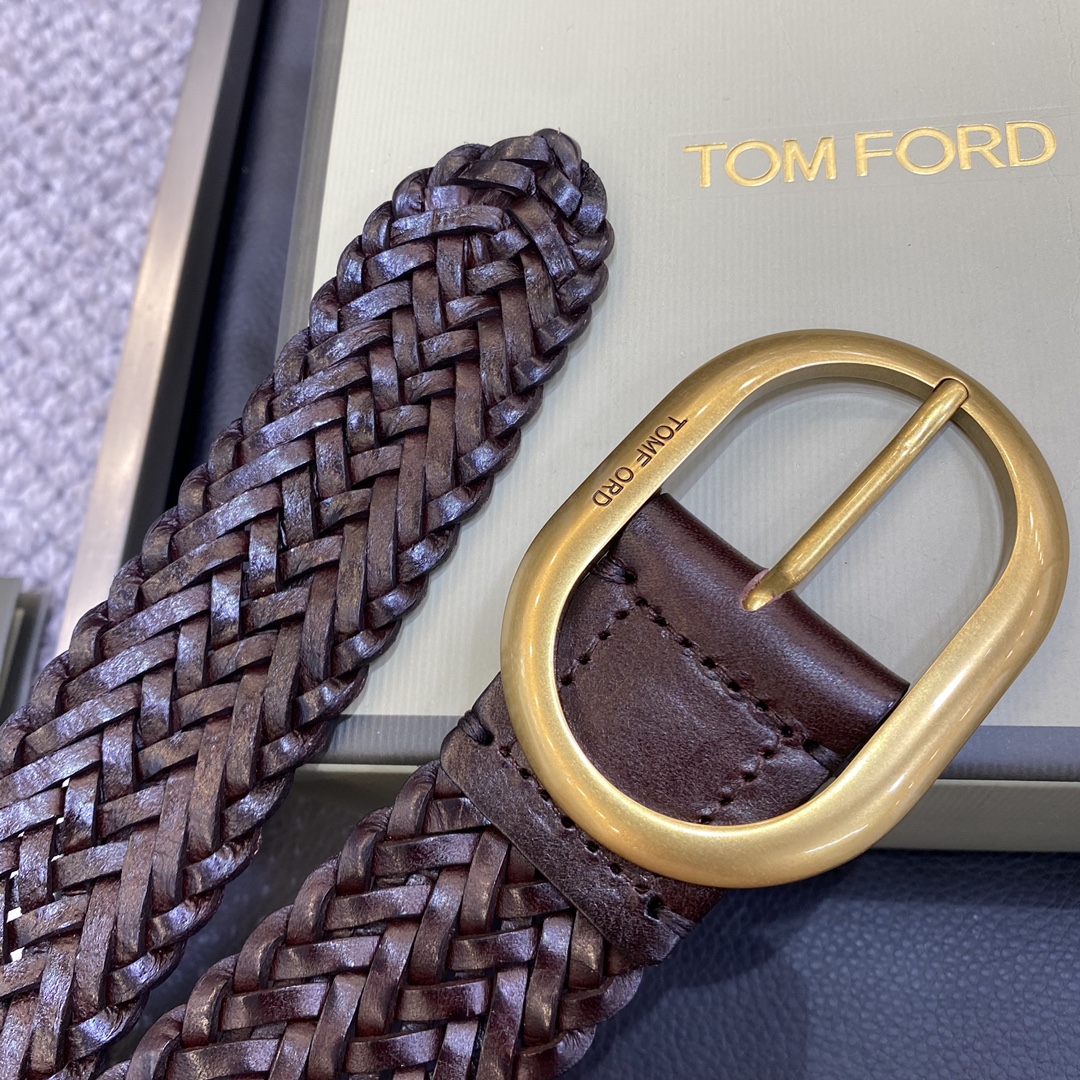 TOMFORD汤姆福特新品高端树膏皮手工编织简约商务男士腰带4.0cm宽配原版包装