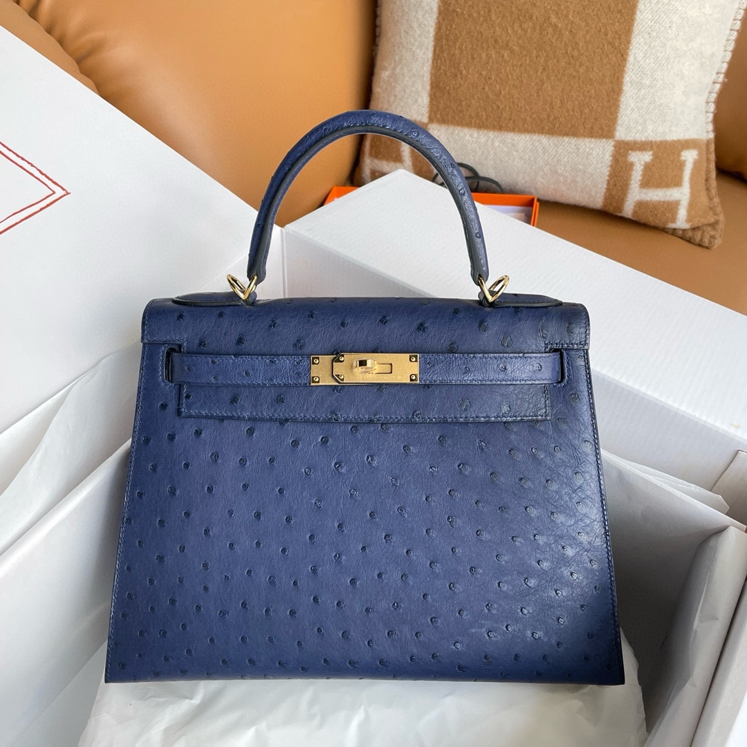 Hermes Kelly Borsette Borse Crossbody & Borse a Tracolla Blu Hardware oro Cuoio di struzzo