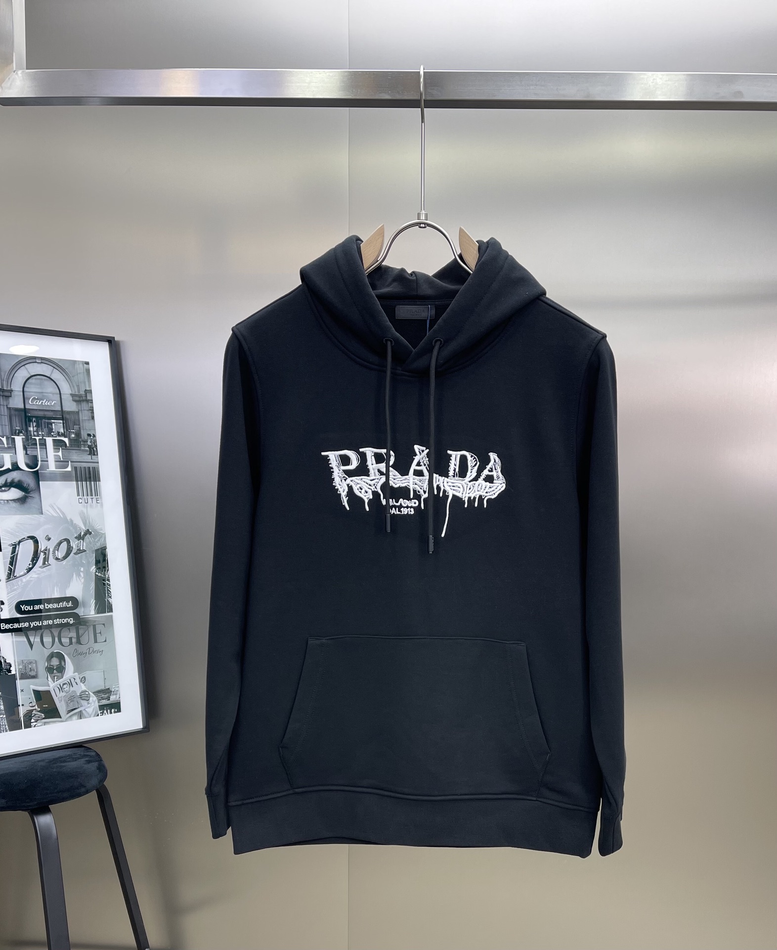 Prada Clothing Hoodies Black White Cotton Fall/Winter Collection Hooded Top