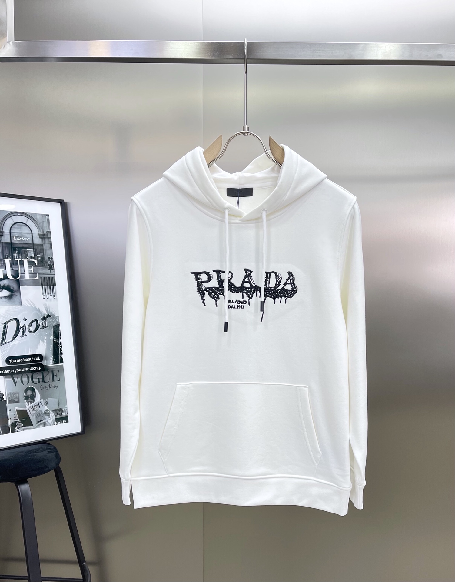 Prada Clothing Hoodies Black White Cotton Fall/Winter Collection Hooded Top