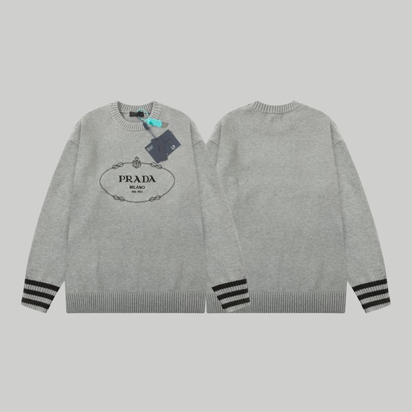 Prada Clothing Knit Sweater Sweatshirts Grey Embroidery Knitting