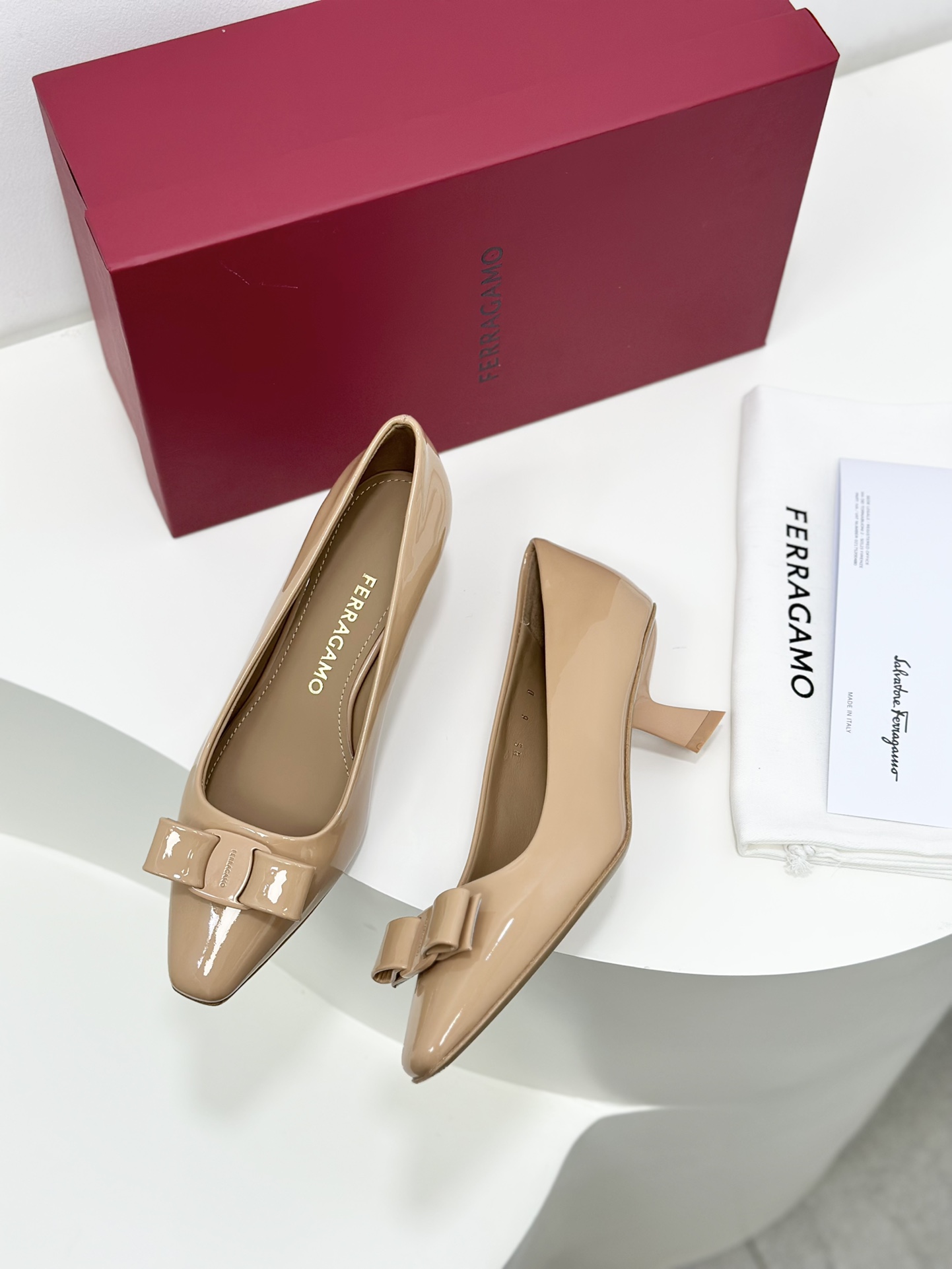 Salvatore Ferragamo Vara Bow Leather Pumps - Nude Color, Comfortable Block Heel