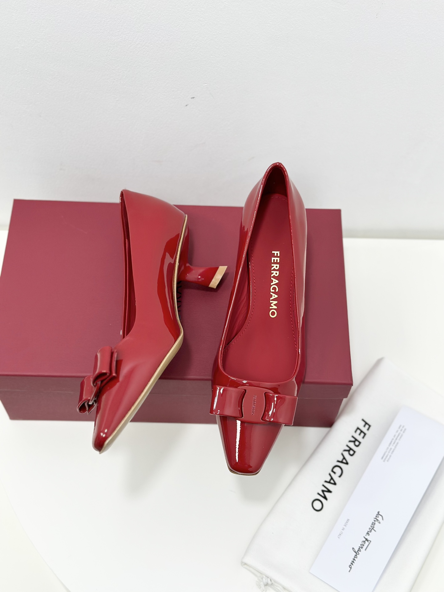 Salvatore Ferragamo Vara Red Patent Leather Bow Pump, Square Toe, Comfortable
