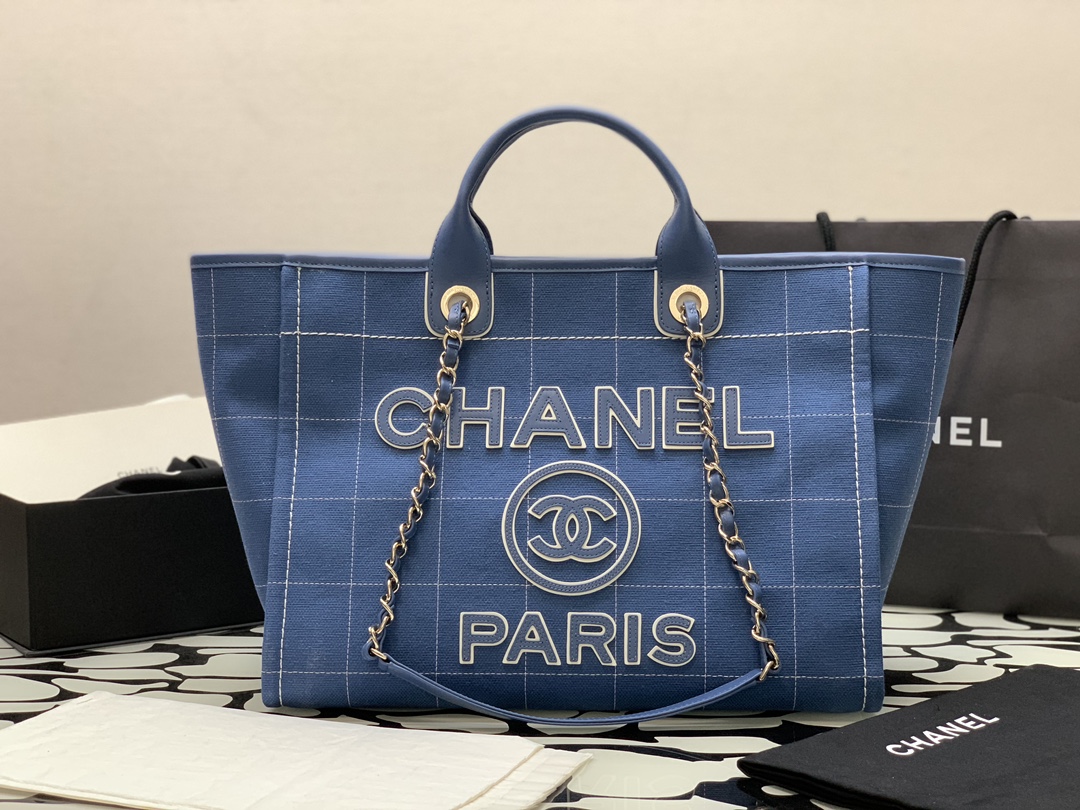 Chanel Tassen handtassen Tote Tas Blauw Goud Wit Canvas Koeienhuid Strand