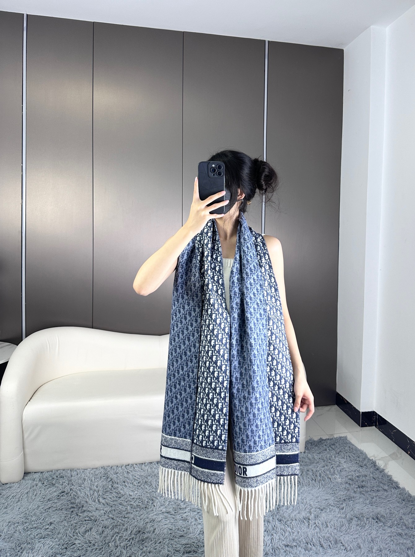 DIOR Oblique 印花/刺绣图案羊绒围巾