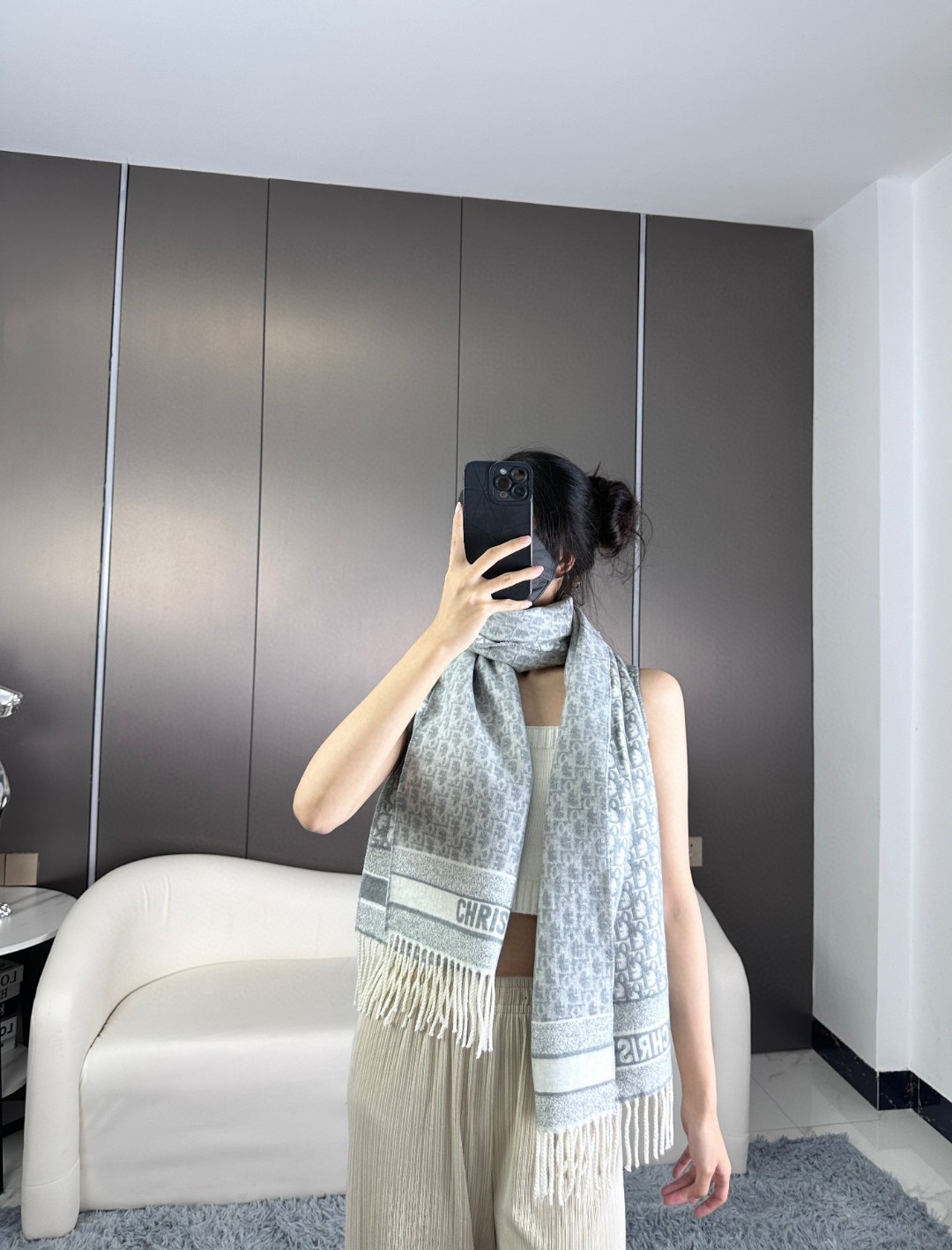 DIOR Oblique 印花/刺绣图案羊绒围巾