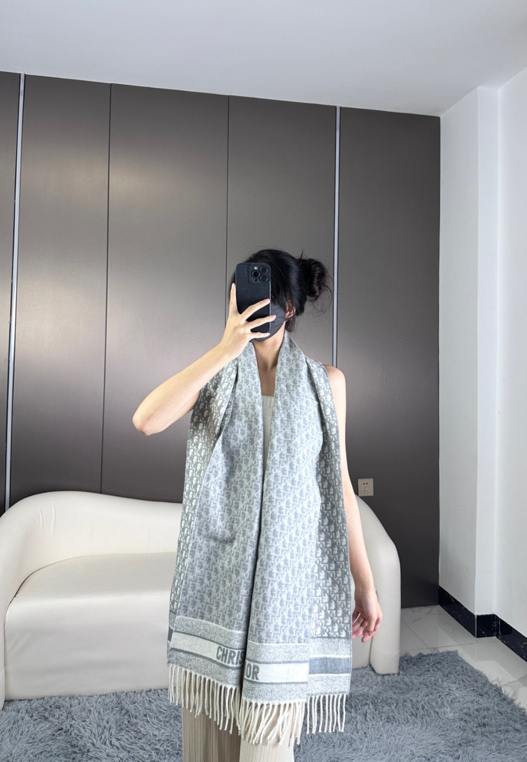 DIOR Oblique 印花/刺绣图案羊绒围巾