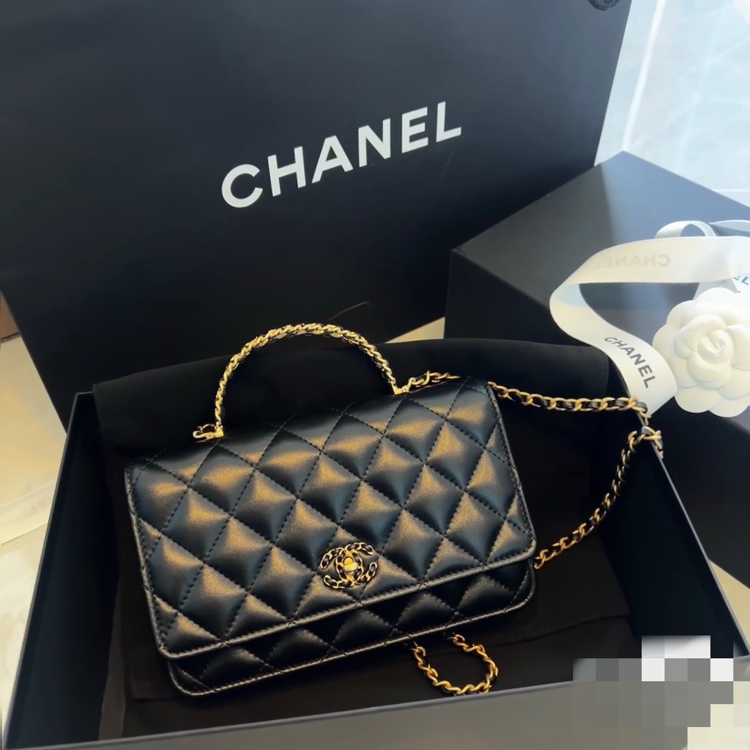 现货现货Ohanel️24C限量款钻石字母手柄Woc招财包黑钻手柄小羊皮磨砂金属五金logo字母手柄精致