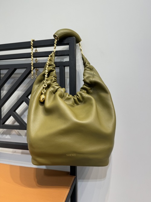 Loewe Squeeze Medium Olive Green Nappa Leather Shoulder Bag with Chain Accent 1 Loewe Squeeze Medium Olive Green Nappa Leather Shoulder Bag with Chain Accent