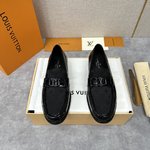 Louis Vuitton Shoes Loafers Plain Toe Black Splicing Cowhide Fabric Genuine Leather Rubber P325500