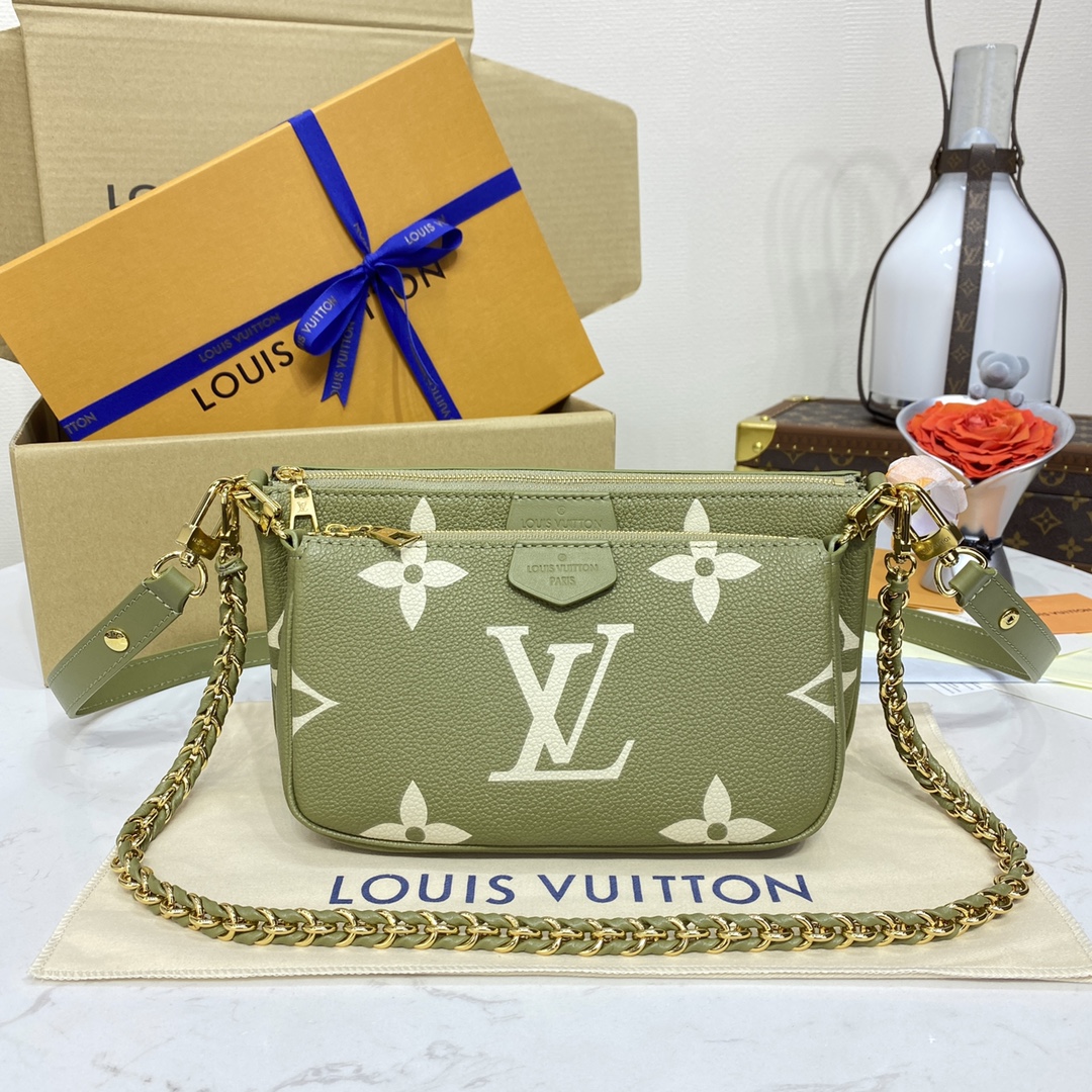 Louis Vuitton LV Multi Pochette Accessoires Sacos Bolsas Clutches Preto Verde Branco Impressão Empreinte​ Correntes M80399