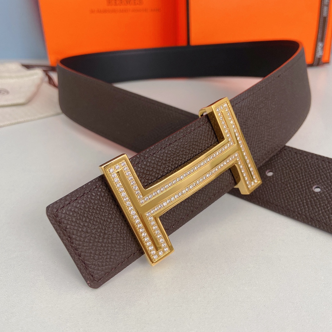 Hermes-双面原版掌纹皮搭配镶钻精钢五金扣防刮耐磨不褪色轻奢有品位3.8cm精品