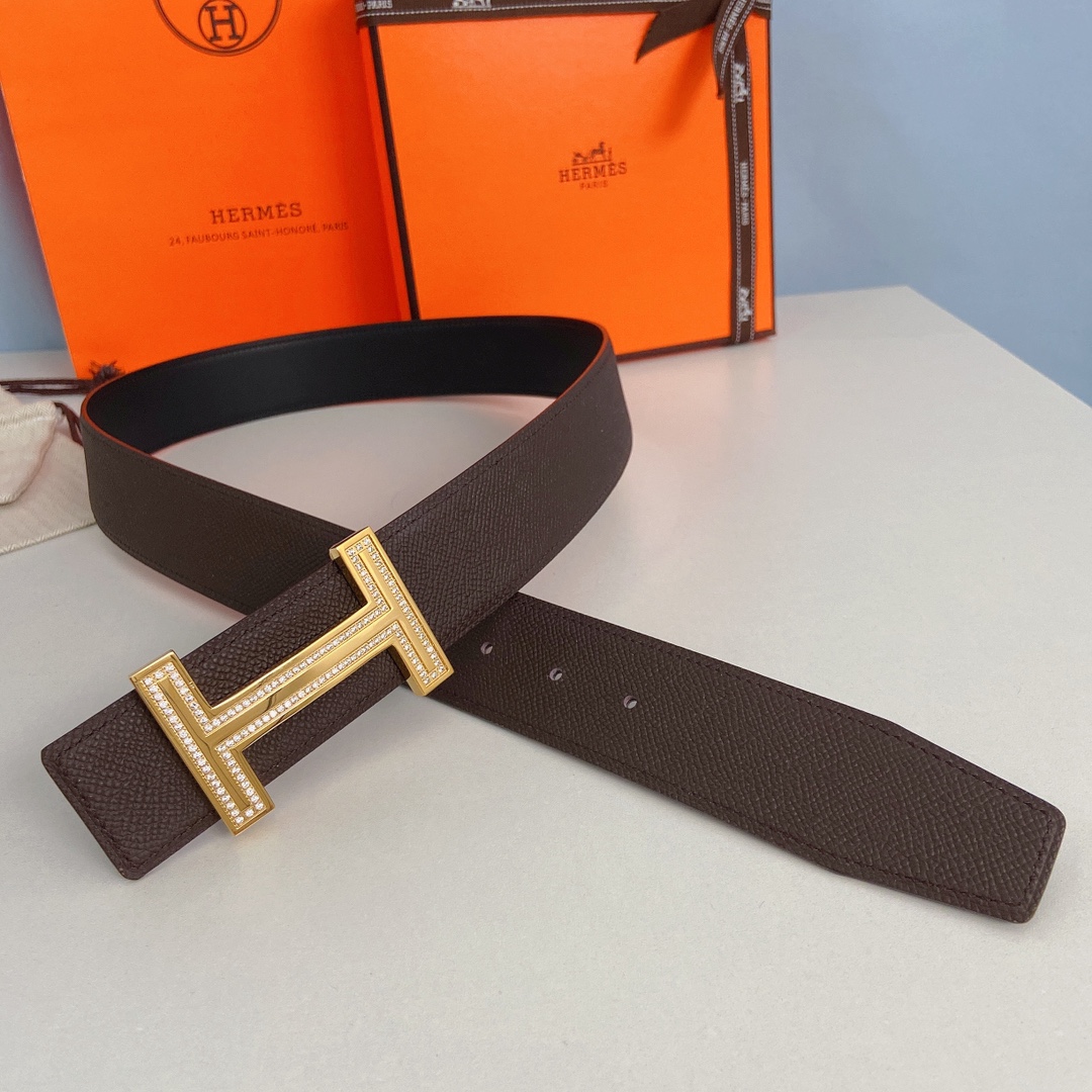 Hermes-双面原版掌纹皮搭配镶钻精钢五金扣防刮耐磨不褪色轻奢有品位3.8cm精品