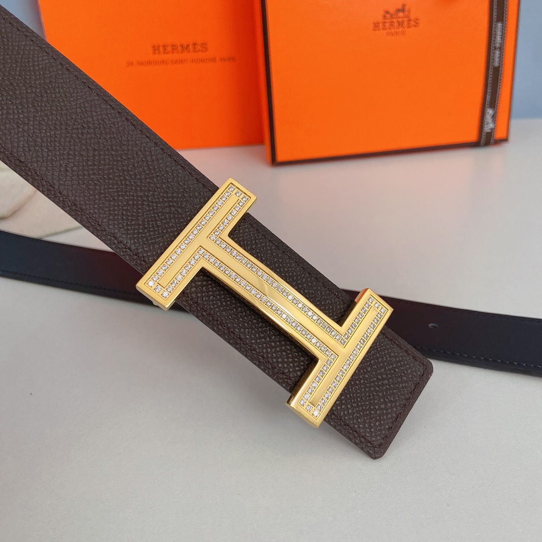 Hermes-双面原版掌纹皮搭配镶钻精钢五金扣防刮耐磨不褪色轻奢有品位3.8cm精品