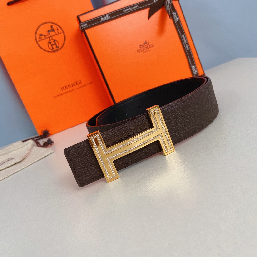 Hermes-双面原版掌纹皮搭配镶钻精钢五金扣防刮耐磨不褪色轻奢有品位3.8cm精品