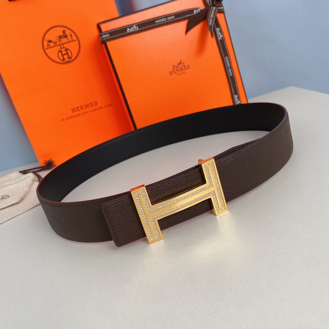 Hermes-双面原版掌纹皮搭配镶钻精钢五金扣防刮耐磨不褪色轻奢有品位3.8cm精品