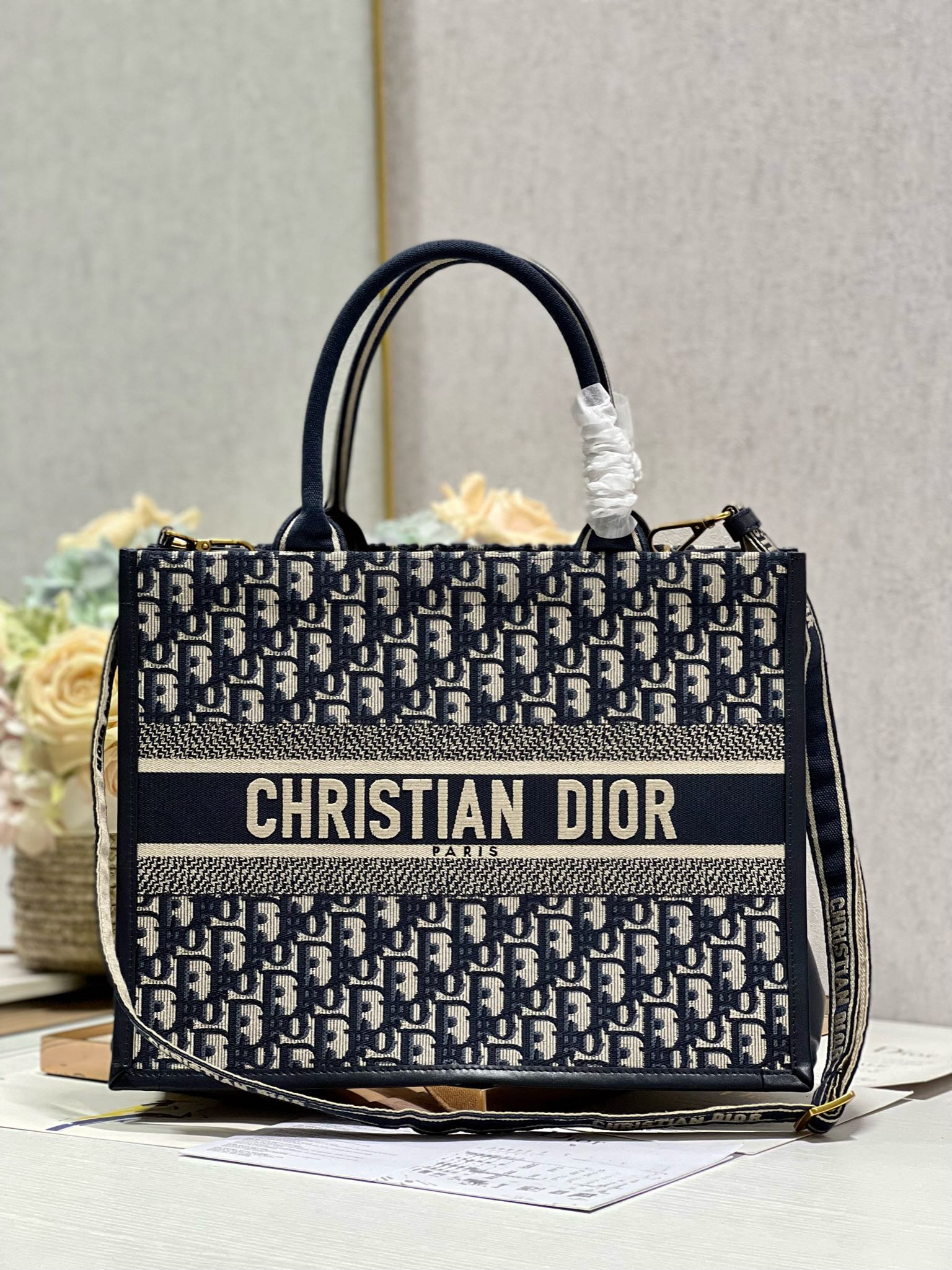Dior classic shopping bag, embroidered blue D patchwork leather with 3