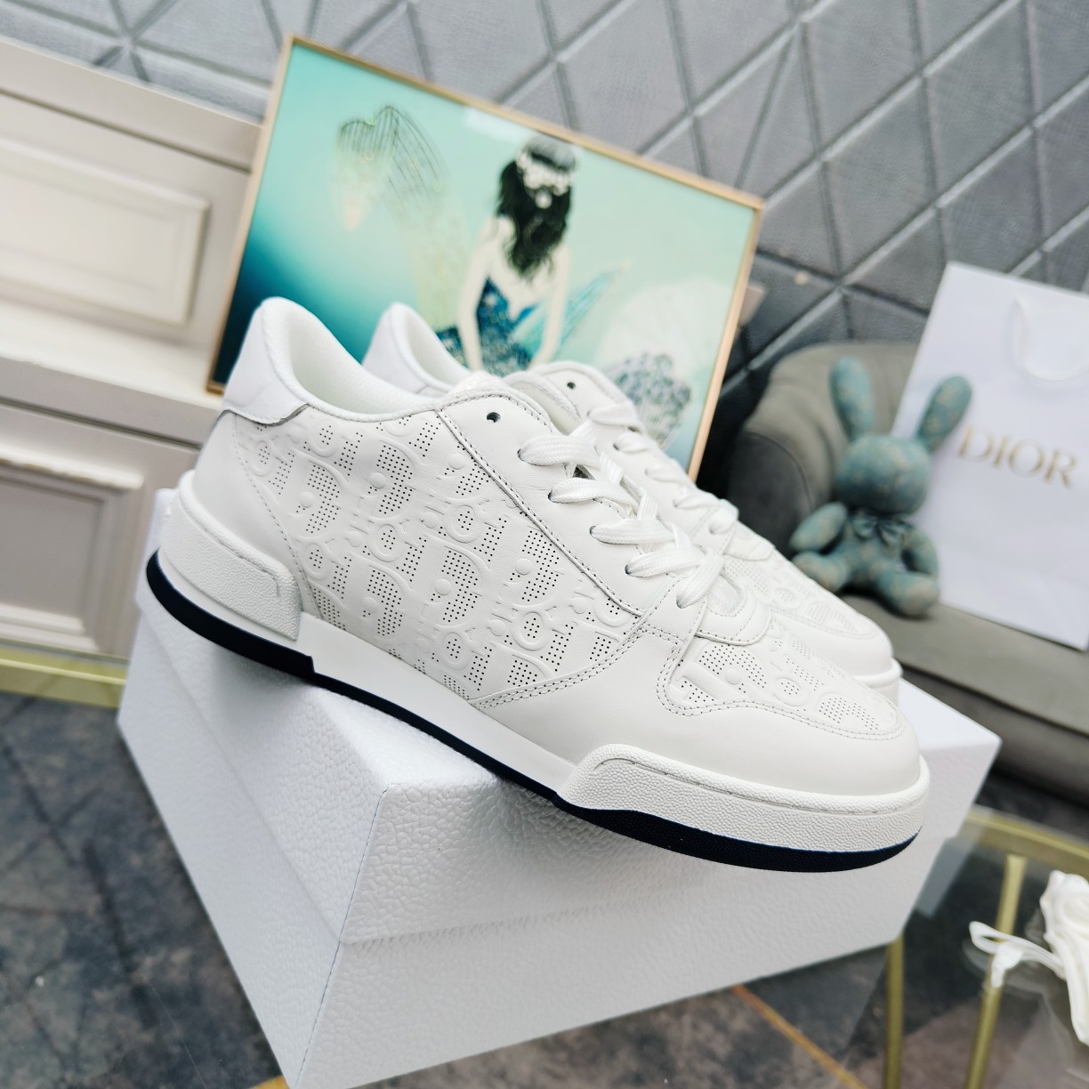 Dior Shoes Sneakers White Openwork Unisex Men Cowhide Rubber Oblique Casual