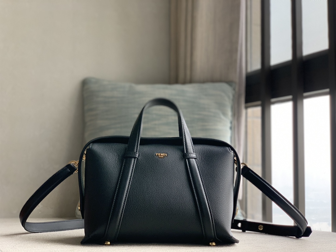 Fendi Boston Series Medium Floor, from the Stefano Pilati design series, made of Fendi black full-grain cowhide, with glossy cowhide trim in the