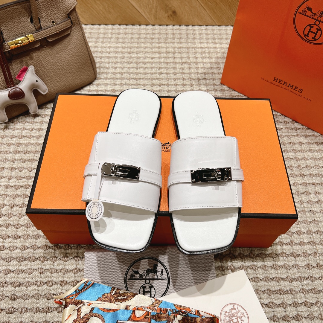 Hermes Sapatos Sandálias Branco Homens Pele de vitelo Couro vaca genuíno Colecção Verão Fashion