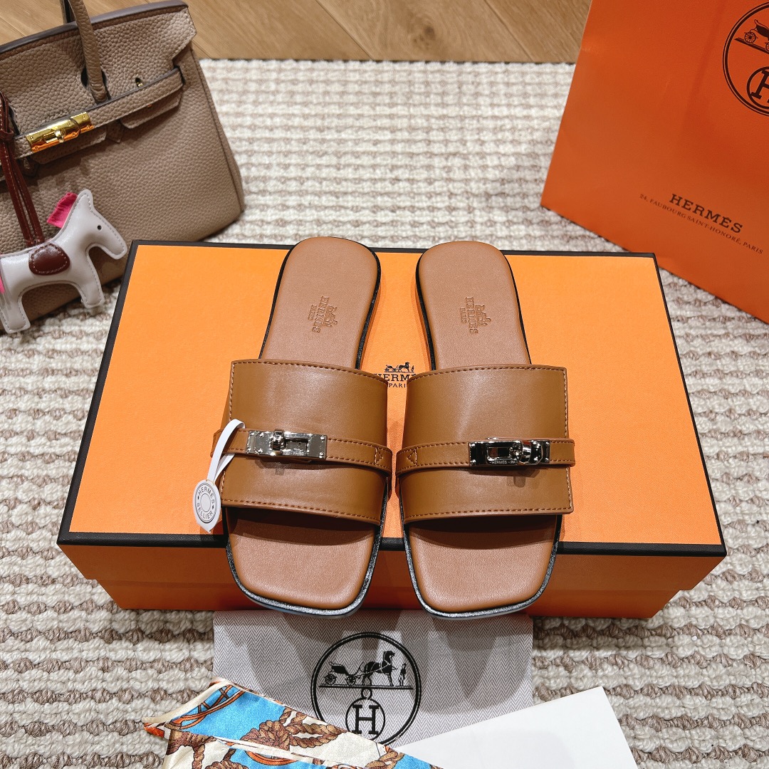 Hermes Sapatos Sandálias Castanho Homens Pele de vitelo Couro vaca genuíno Colecção Verão Fashion