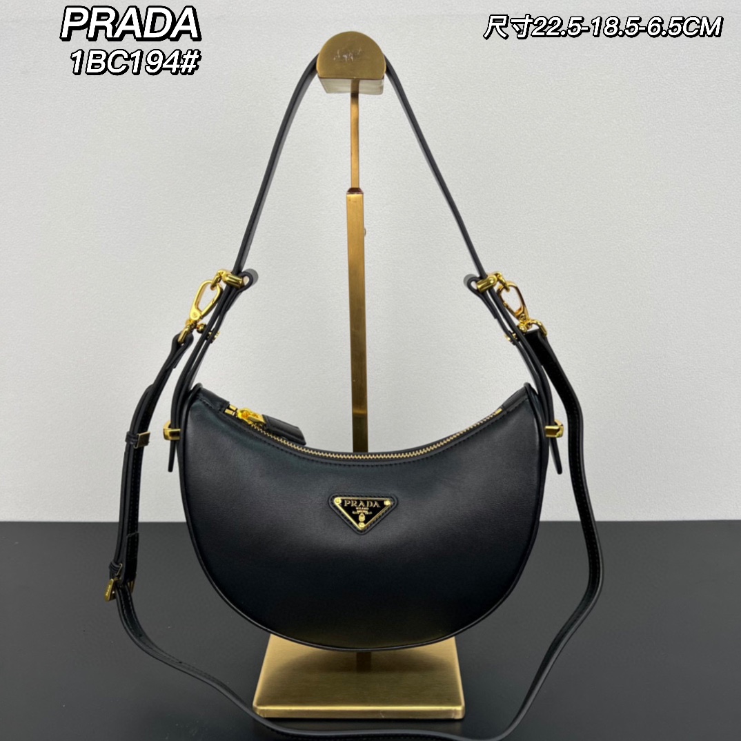 PRADA 1BC194 Black Leather Moon Handbag with Adjustable Shoulder Straps