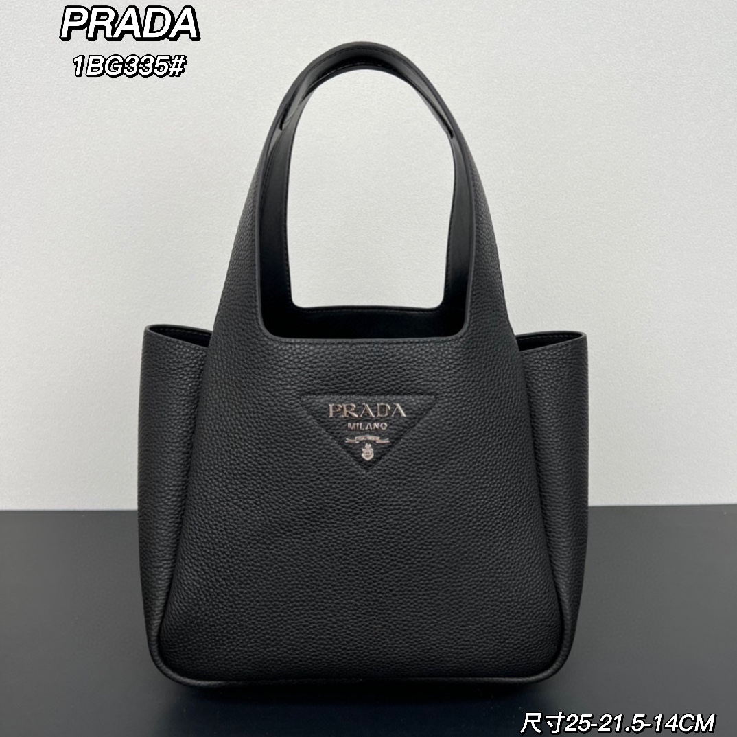 PRADA 1BG335 Black Leather Tote Bag, Soft Calfskin, Top Handle, Bucket Bag