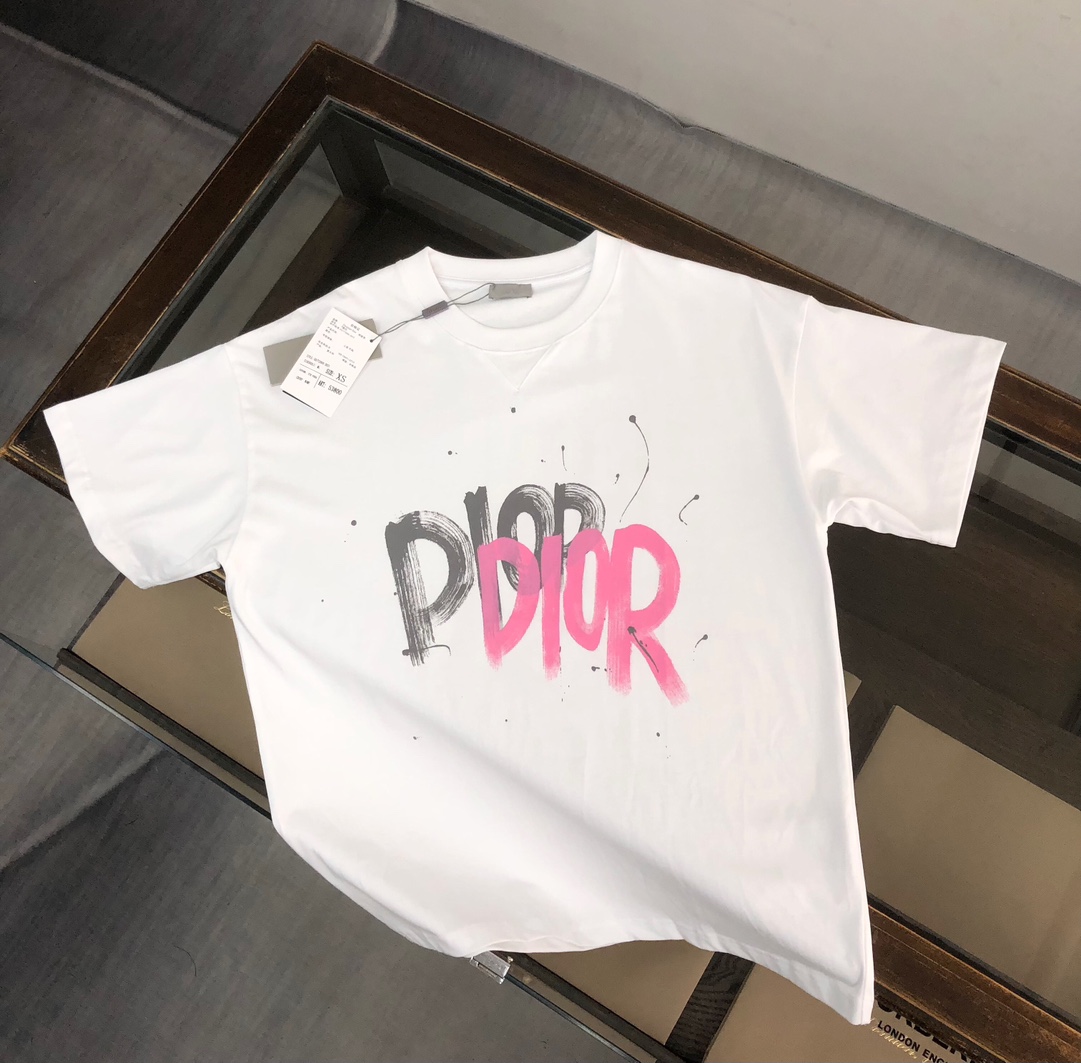 Dior Kleding T-Shirt Zwart Wit Afdrukken Unisex Katoen Fashion Korte mouw