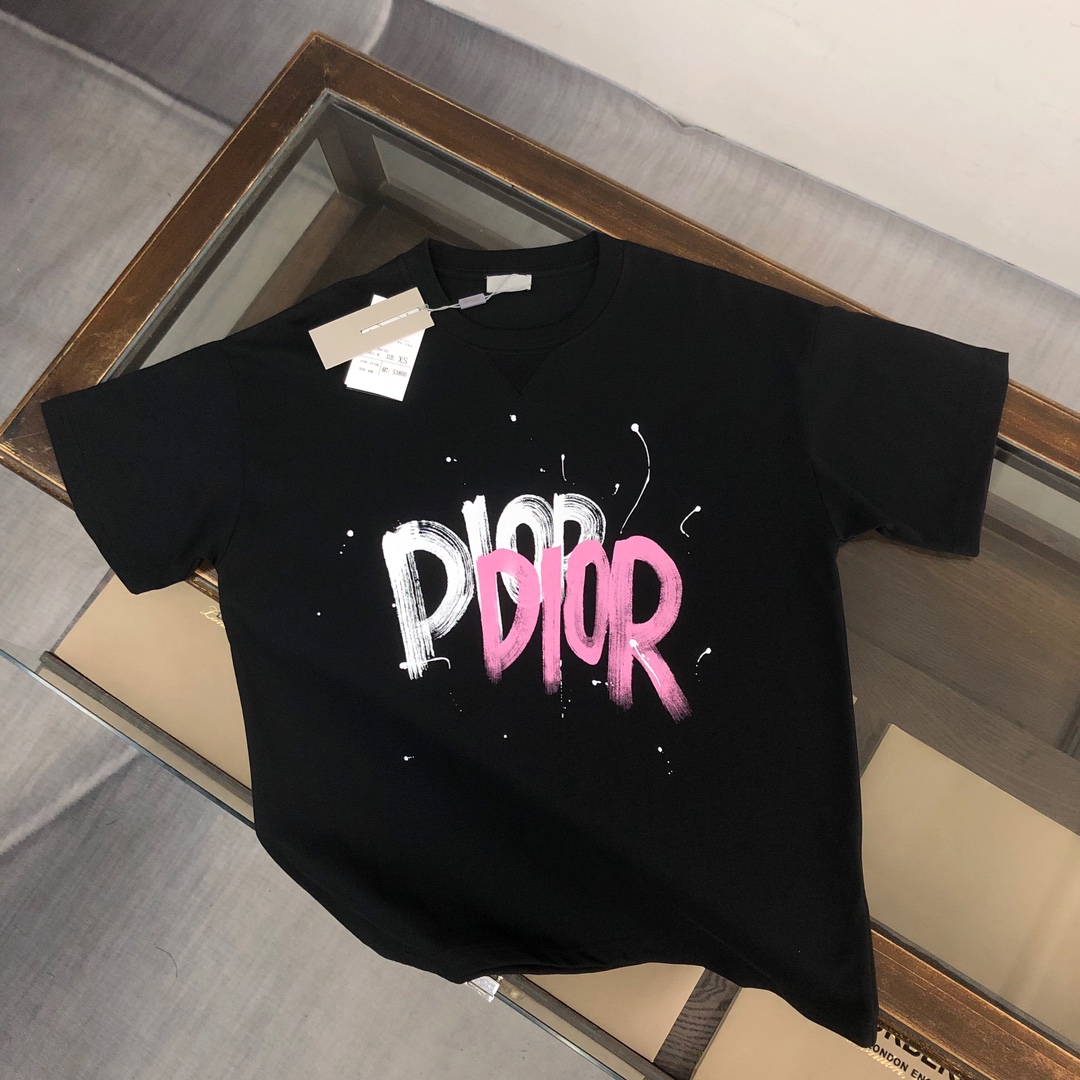 Replcia goedkoop uit China
 Dior Kleding T-Shirt Zwart Wit Afdrukken Unisex Katoen Fashion Korte mouw