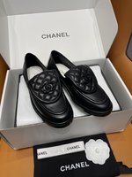 Chanel Shoes Loafers Black Cowhide Genuine Leather Sheepskin