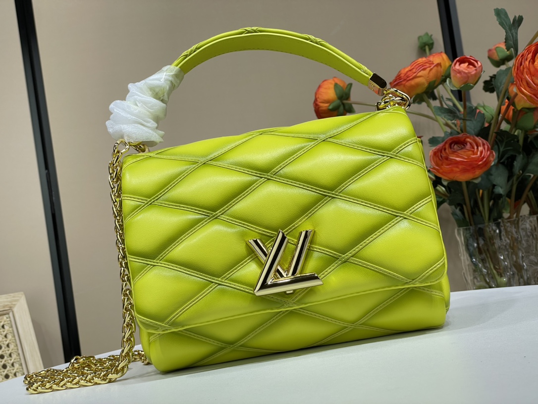 Louis Vuitton Top purchasing LV new product GO-14 Medium Twist Series Officially on sale M22891 lemon yellow (diamond) lambskin inside and outsid