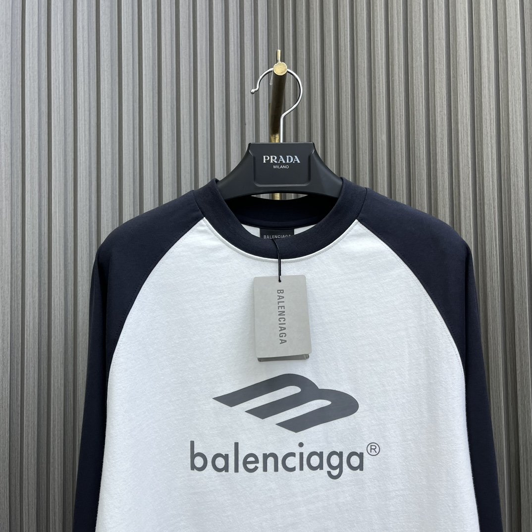 Balenciag*2024新品字母印花拼接袖长袖T恤定制YB全棉材质质感软糯垂顺亲肤舒适胸前印花字母图
