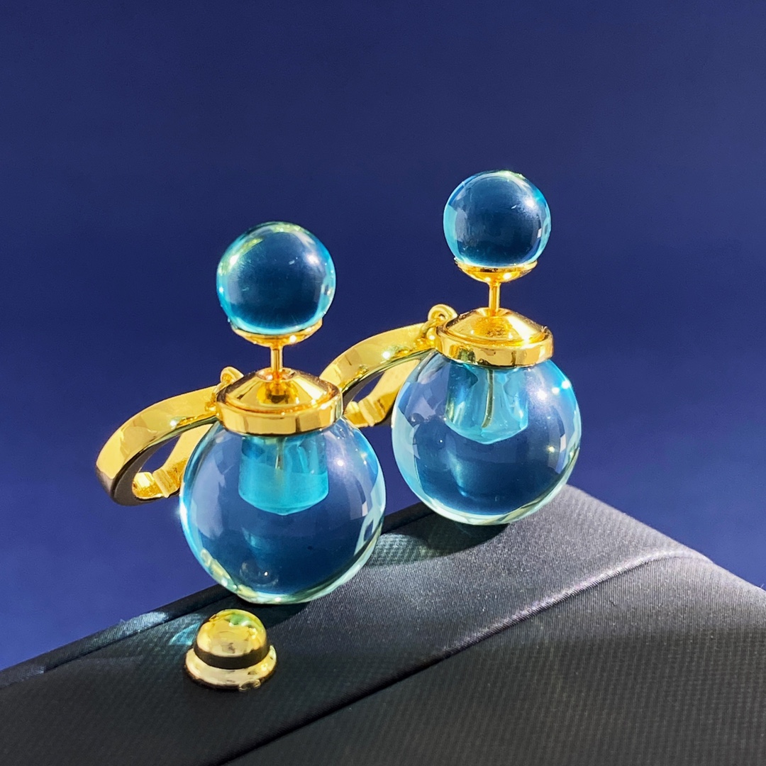DA80 ✨迪奥DIOR 透明果冻吊CD字母双球气泡大小珠耳钉 黄铜材料电镀18k金 4个果冻色 尺寸: