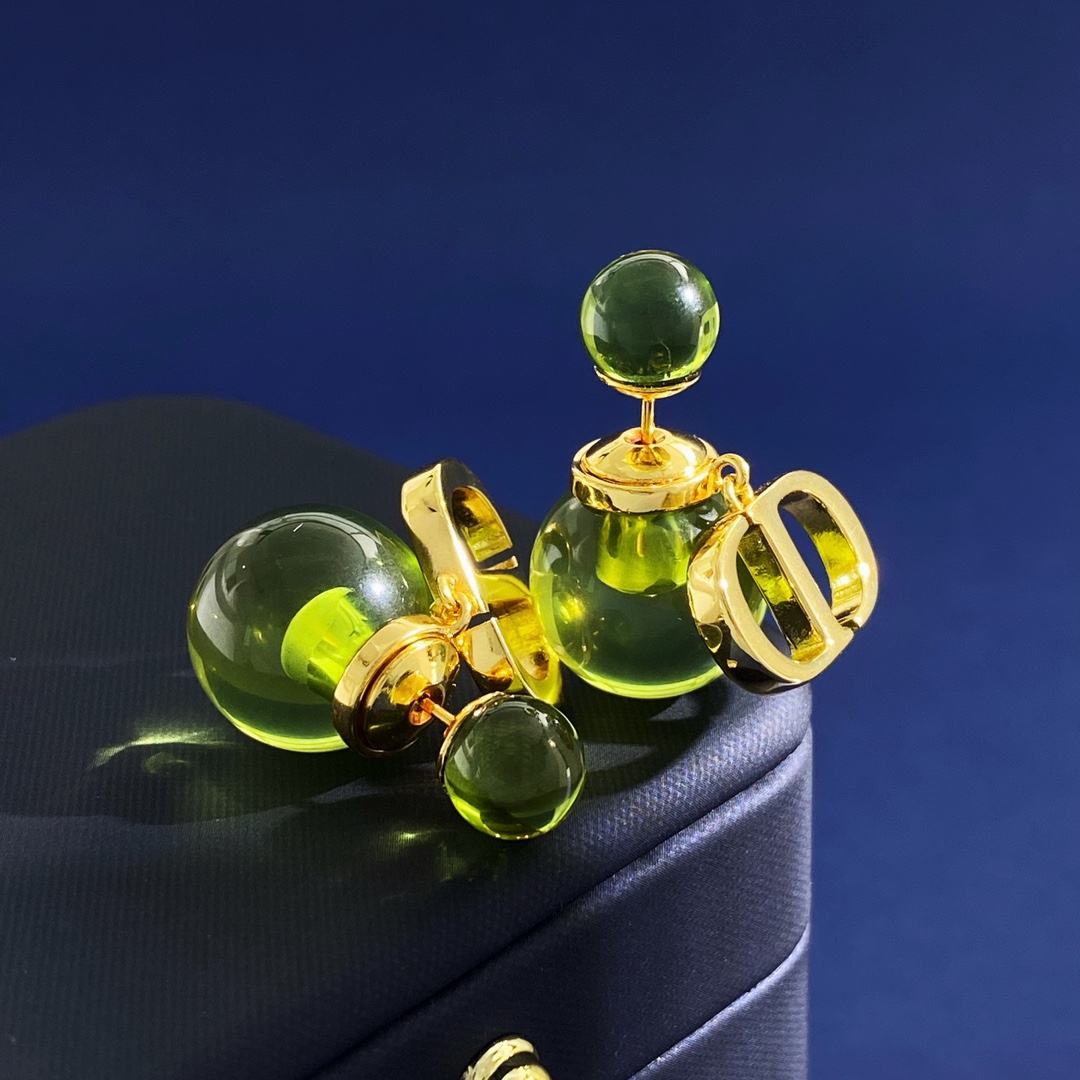 DA80 ✨迪奥DIOR 透明果冻吊CD字母双球气泡大小珠耳钉 黄铜材料电镀18k金 4个果冻色 尺寸: