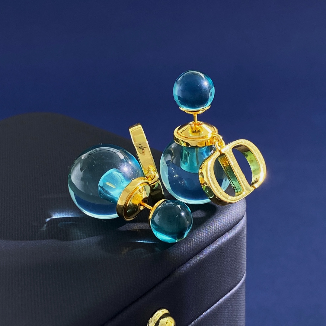 DA80 ✨迪奥DIOR 透明果冻吊CD字母双球气泡大小珠耳钉 黄铜材料电镀18k金 4个果冻色 尺寸: