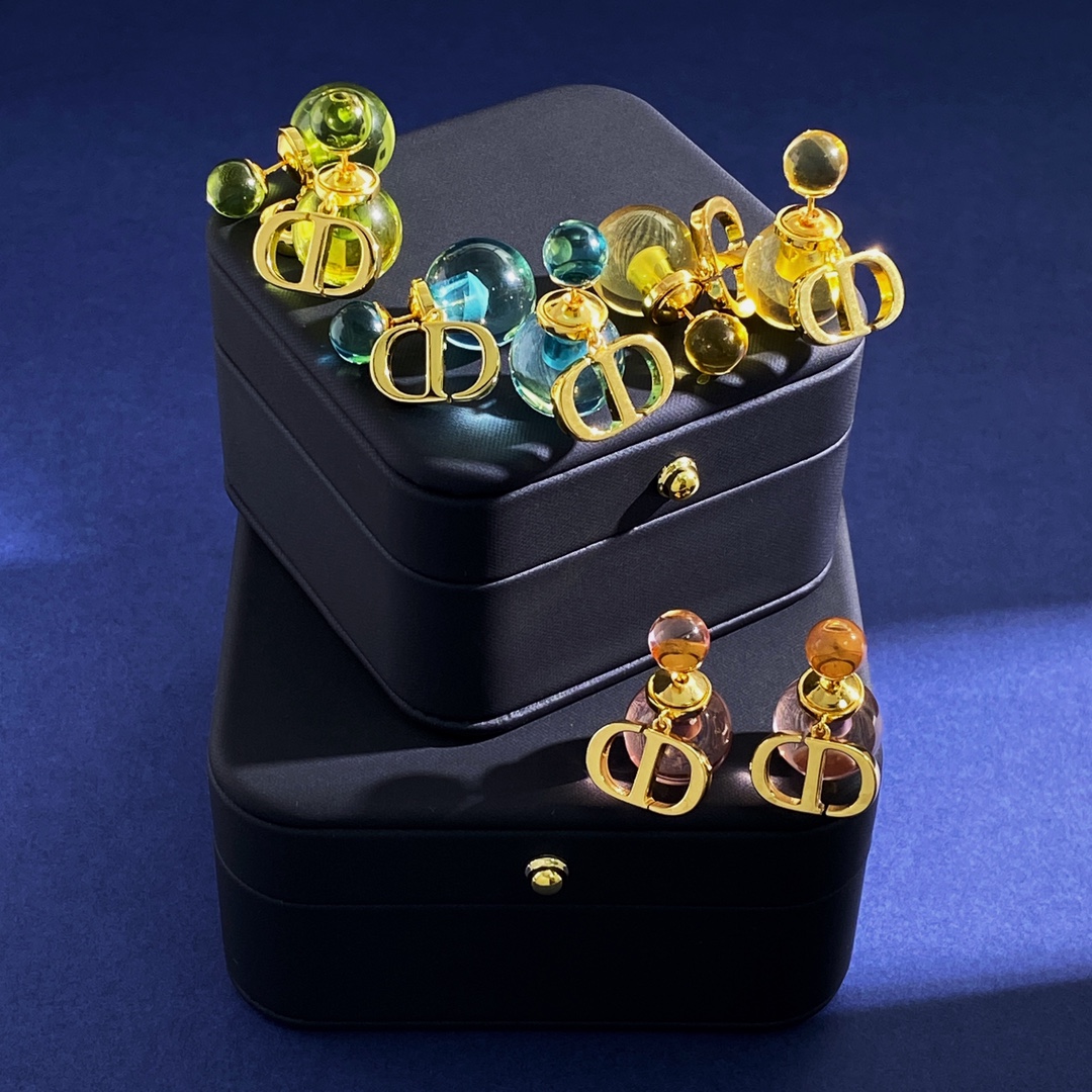 DA80 ✨迪奥DIOR 透明果冻吊CD字母双球气泡大小珠耳钉 黄铜材料电镀18k金 4个果冻色 尺寸: