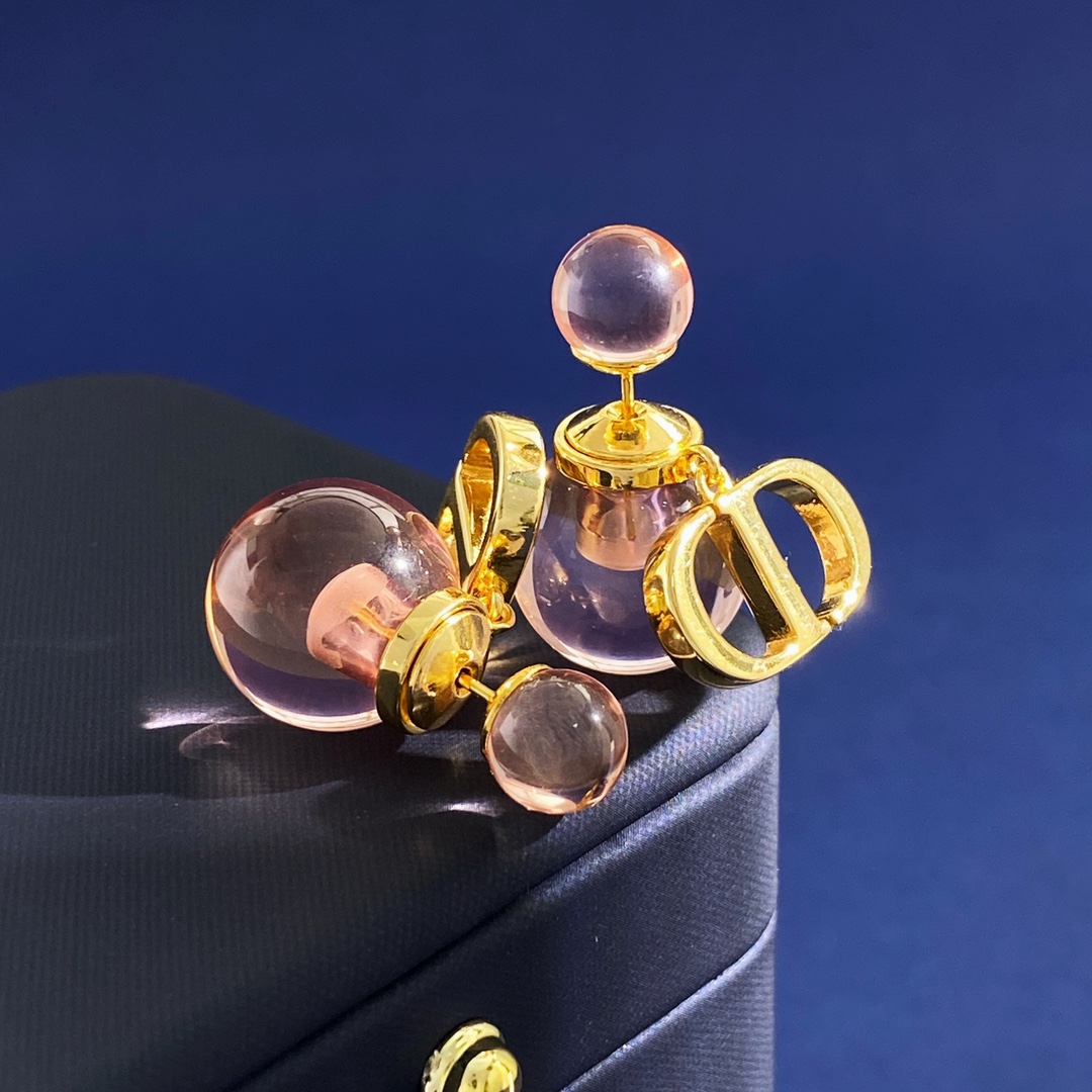 DA80 ✨迪奥DIOR 透明果冻吊CD字母双球气泡大小珠耳钉 黄铜材料电镀18k金 4个果冻色 尺寸: