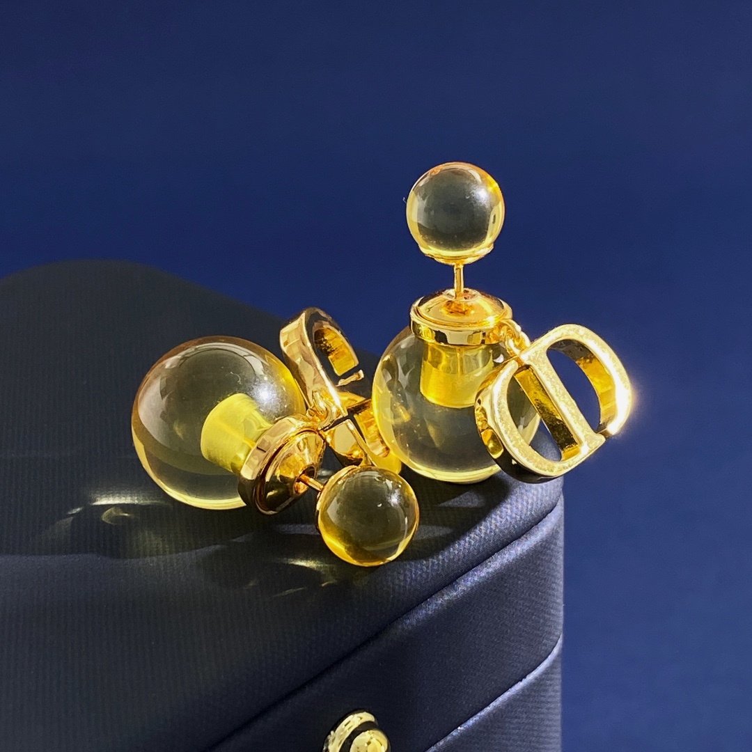 DA80 ✨迪奥DIOR 透明果冻吊CD字母双球气泡大小珠耳钉 黄铜材料电镀18k金 4个果冻色 尺寸: