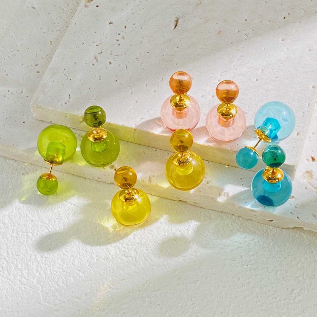 DA80 ✨迪奥DIOR 透明果冻双球气泡大小珠耳钉 黄铜材料电镀18k金 4个果冻色 尺寸:小珠0.8