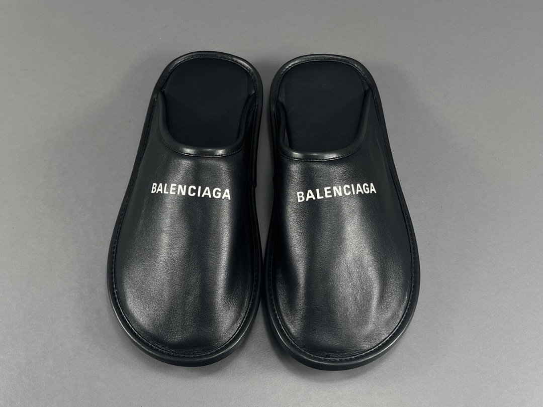 巴黎世家黑色Balenciaga巴黎世家Slippers小牛皮徽标平底时尚拖鞋货号693958WAD4E