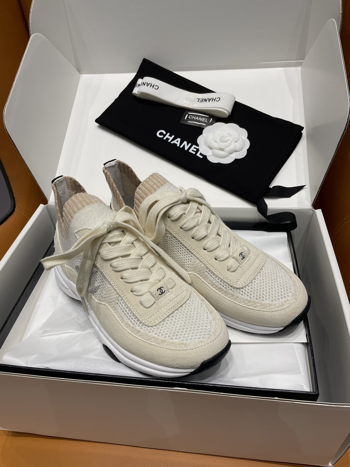 Chanel Shoes Sneakers Apricot Color Black Splicing TPU Wool Sweatpants