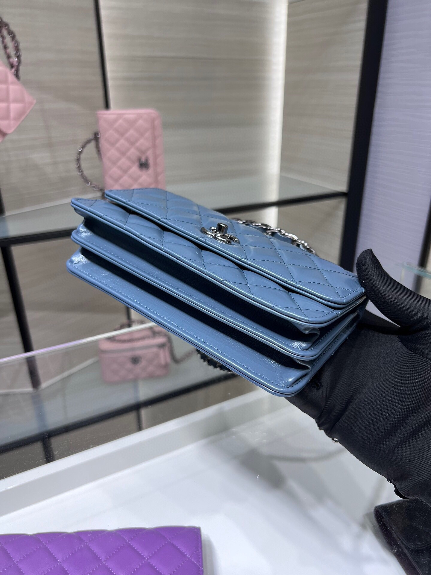 K新品辽色水钻手柄风琴包双层WOC水钻配牛皮AY尺寸:18.5116cm