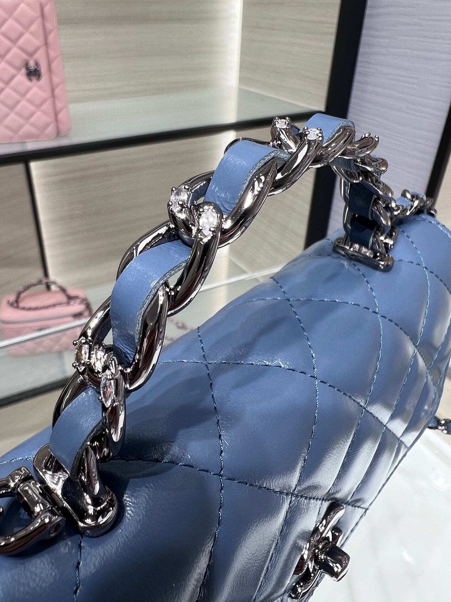 K新品辽色水钻手柄风琴包双层WOC水钻配牛皮AY尺寸:18.5116cm