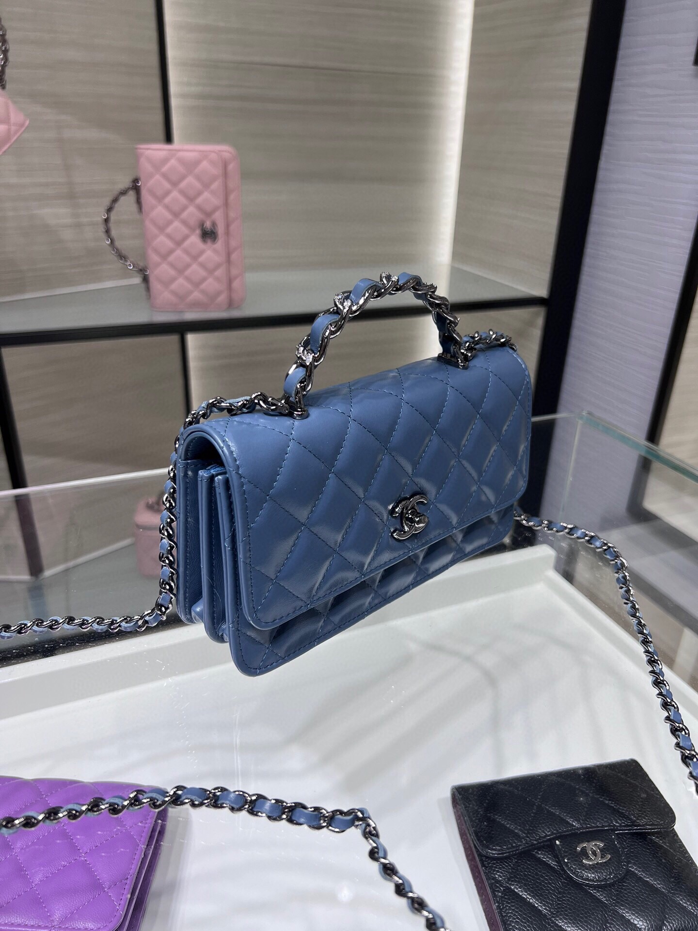 K新品辽色水钻手柄风琴包双层WOC水钻配牛皮AY尺寸:18.5116cm