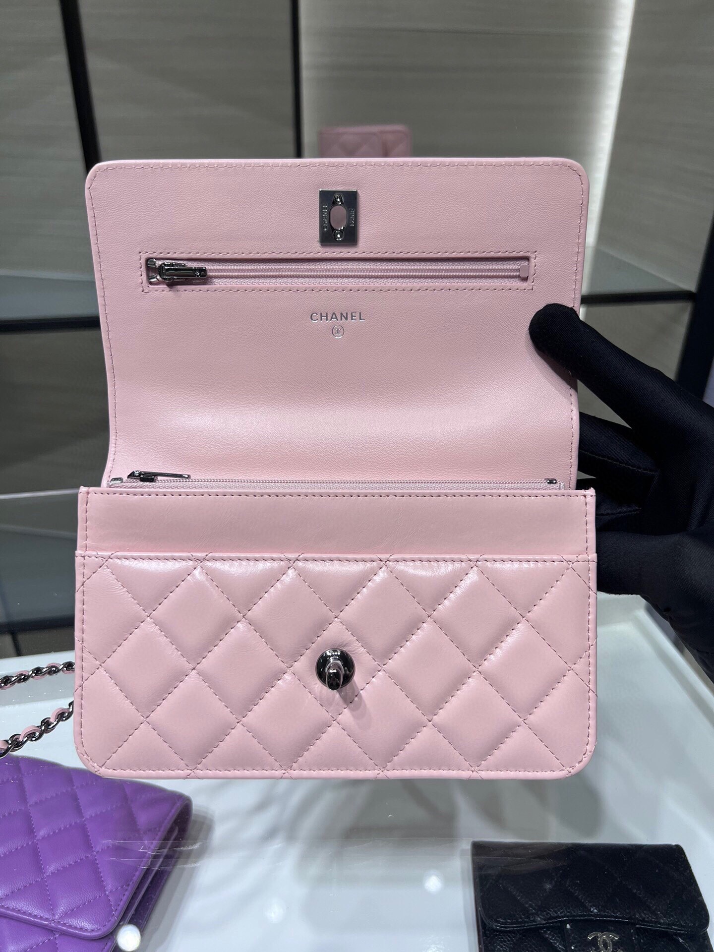 K新品辽色水钻手柄风琴包双层WOC水钻配牛皮AY尺寸:18.5116cm
