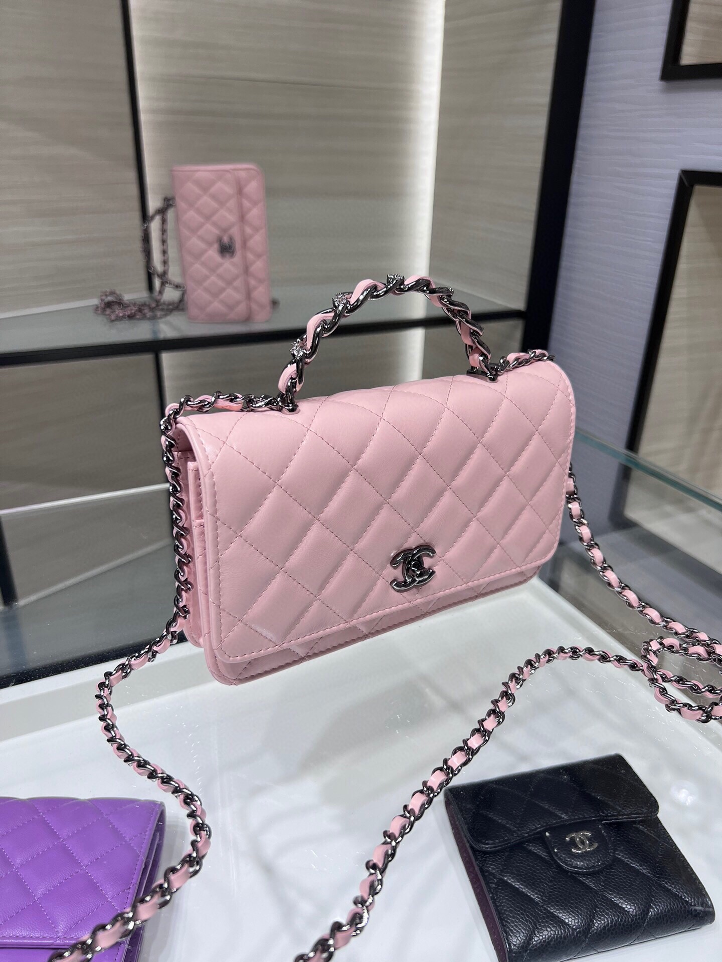 K新品辽色水钻手柄风琴包双层WOC水钻配牛皮AY尺寸:18.5116cm