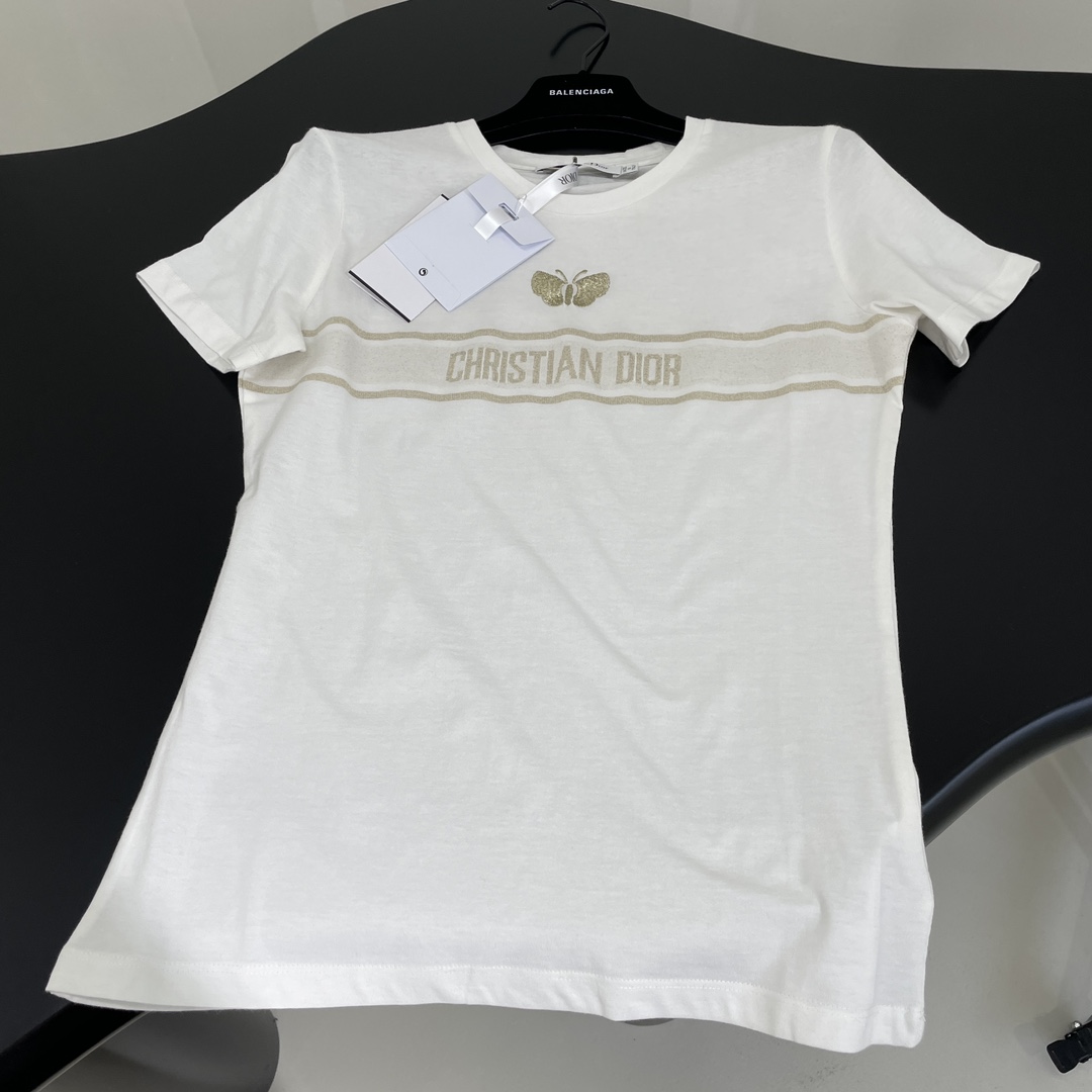 Dior Clothing T-Shirt Beige White Embroidery Cotton Knitting Nylon Spring Collection