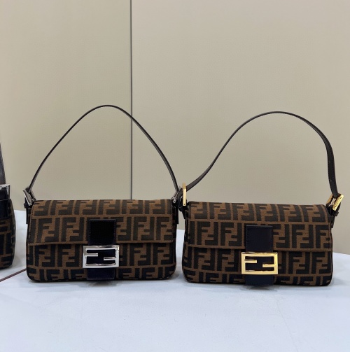 Fendi Vintage Brown Baguette Bag Canvas Leather Handbag with Embossed Logo