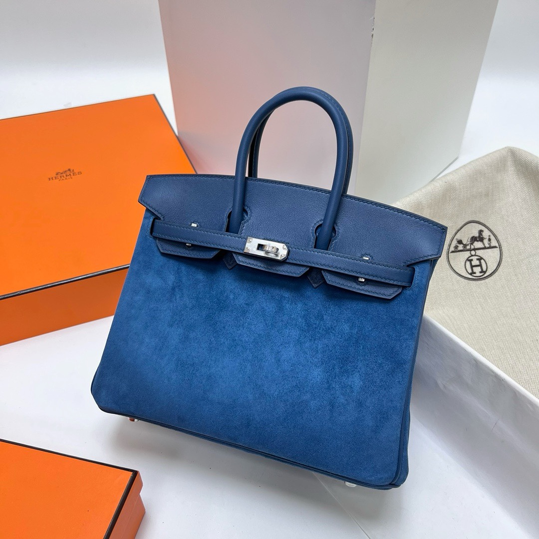 Hermes Birkin Bags Handbags Blue Sewing Silver Hardware Chamois