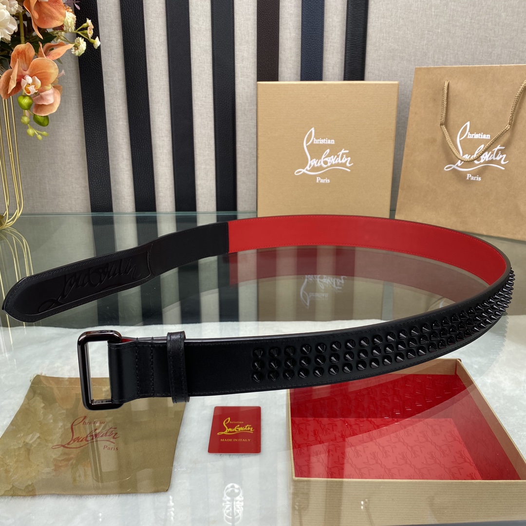 拿货价74宽ChristianLouboutin男士Ricky标志性徽标搭扣黑色腰带红色底双面牛皮